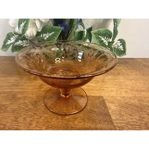 Vintage Etched Amber Depression‎ Glass Footed Compote Bowl Centerpiece Decor